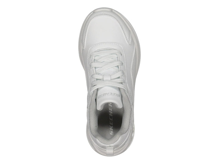 Tenis deportivos Skechers color blanco con cámara de aire visible en el talón.