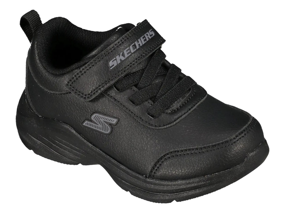 Tenis deportivos Skechers color negro con cierre de velcro y agujetas para niño.