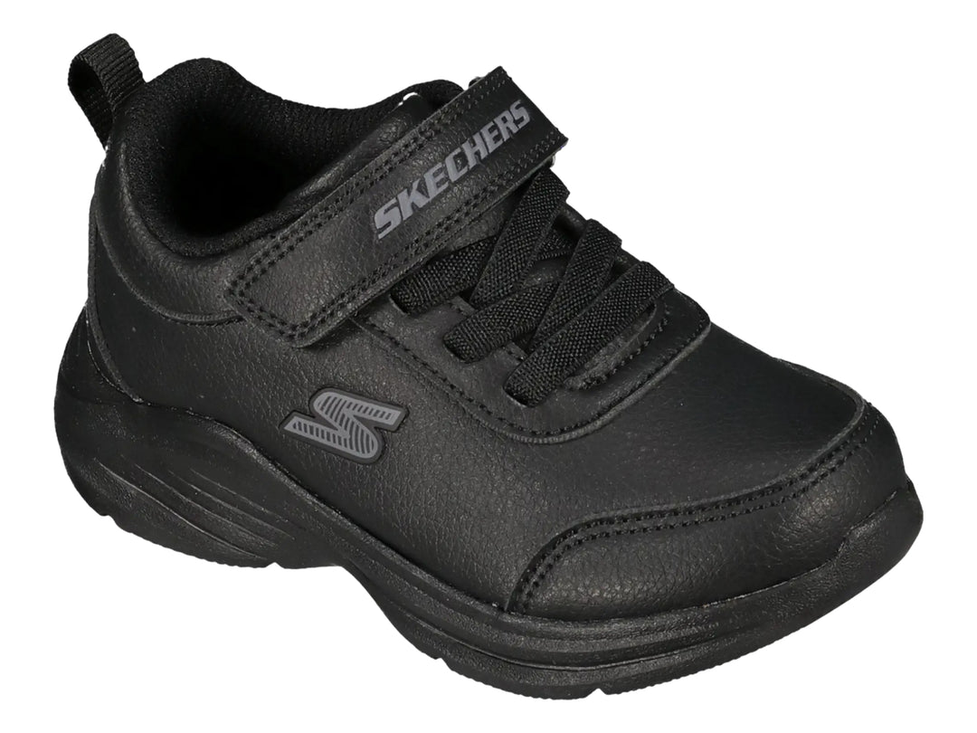 Tenis deportivos Skechers color negro con cierre de velcro y agujetas para niño.