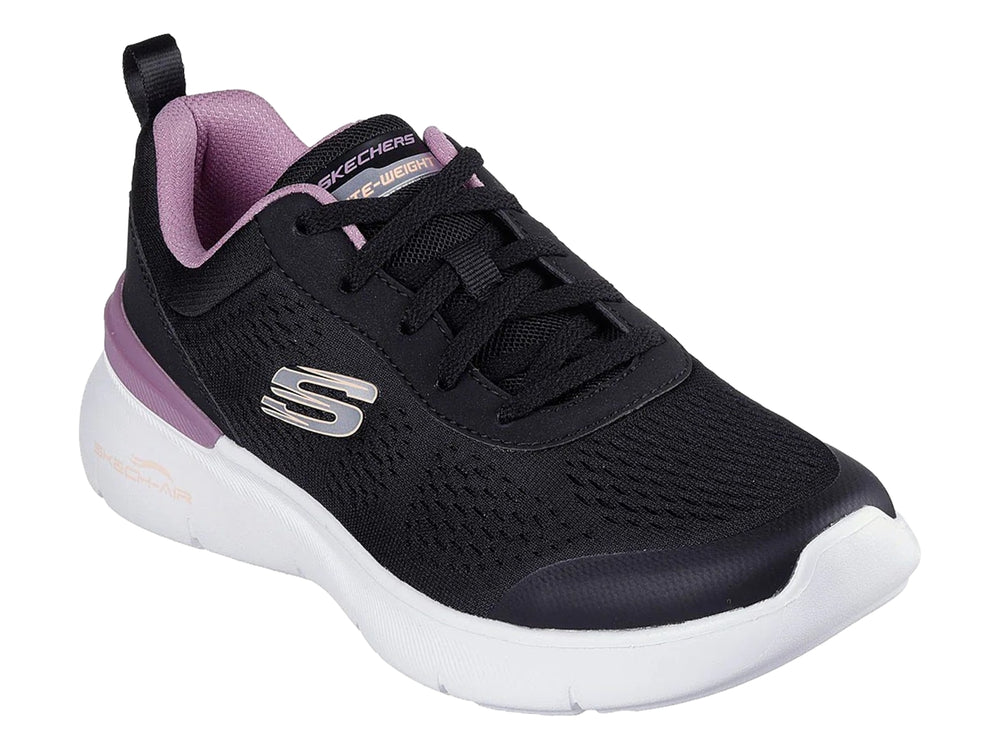 Tenis deportivos Skechers color negro con detalles en morado y suela blanca.