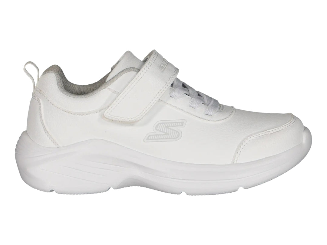 Tenis deportivos Skechers color blanco con cierre de velcro y agujetas.