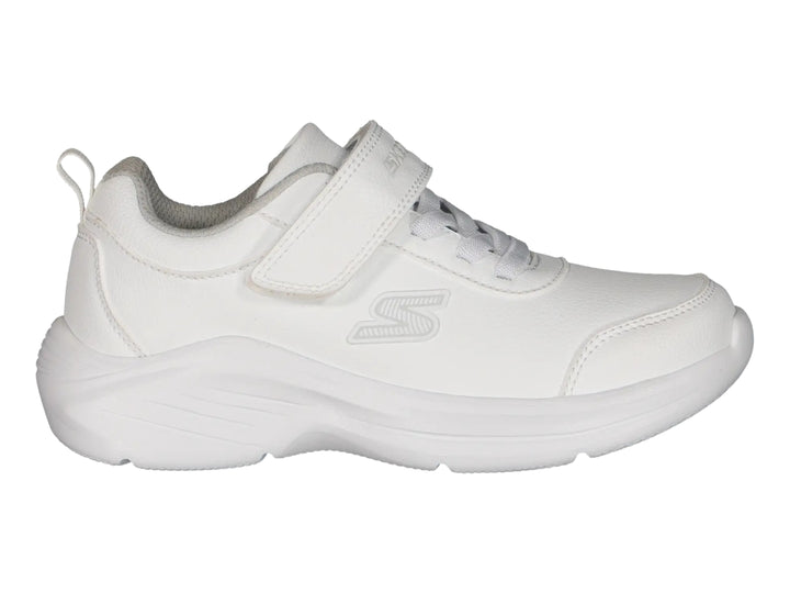 Tenis deportivos Skechers color blanco con cierre de velcro y agujetas.