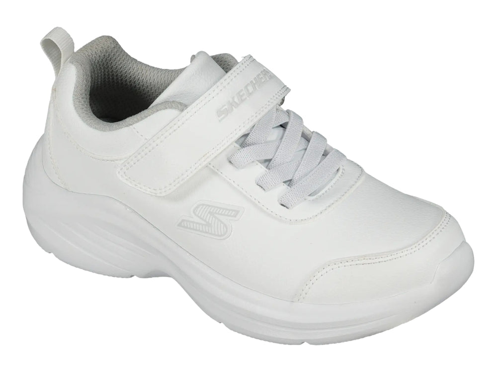 Tenis deportivos Skechers color blanco con cierre de velcro y agujetas.