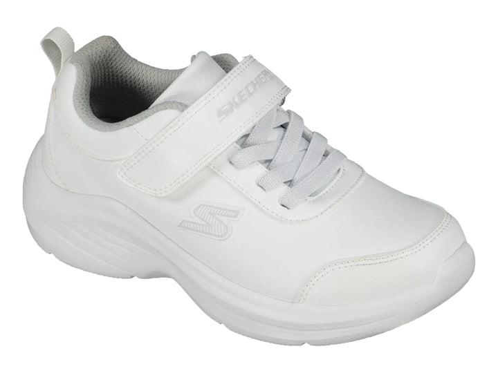Tenis deportivos Skechers color blanco con cierre de velcro y agujetas.