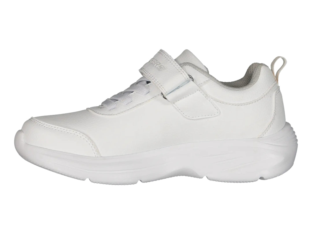 Tenis deportivos Skechers color blanco con cierre de velcro y agujetas.