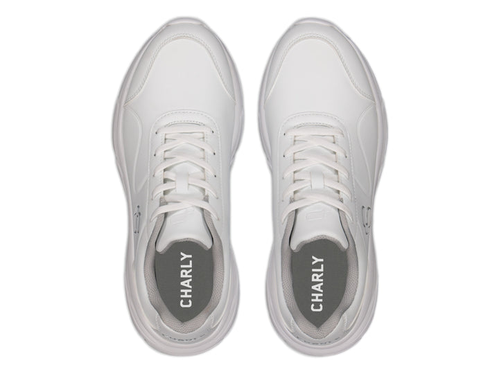 Tenis deportivos Charly color blanco con suela blanca y diseño ligero.