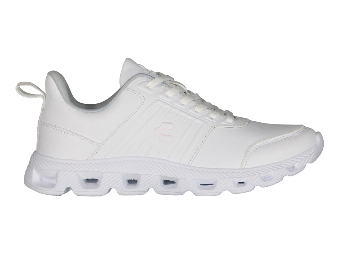 Tenis deportivos Charly color blanco con suela blanca y cordones, vista lateral.