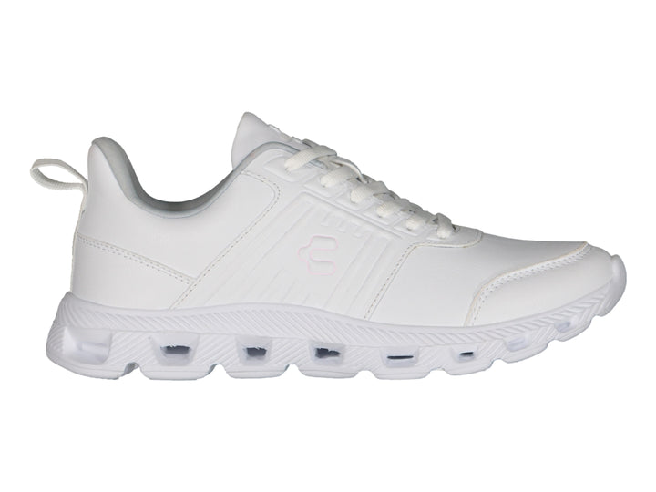 Tenis deportivos Charly color blanco con suela blanca y cordones, vista lateral.