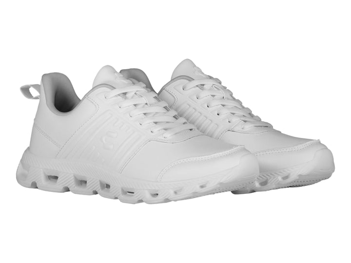 Tenis deportivos Charly color blanco con suela blanca y cordones, vista lateral.
