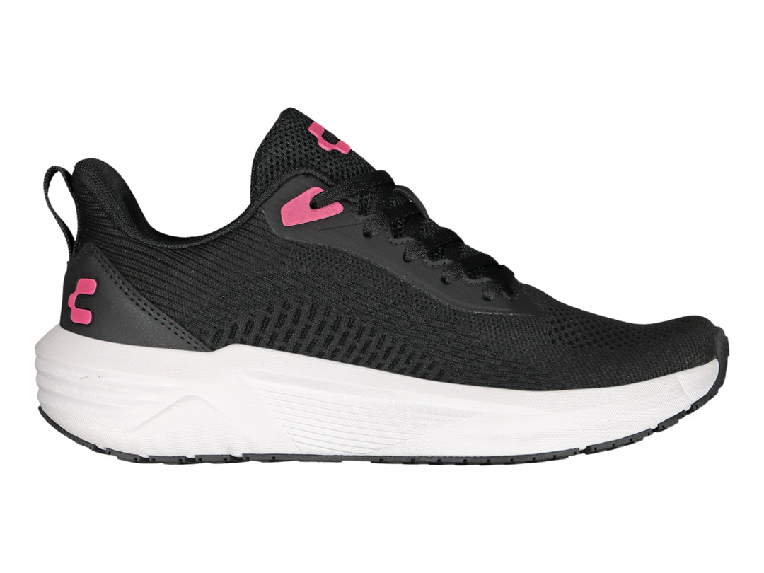 Tenis Charly color negro con suela blanca y detalles en rosa, estilo deportivo casual.