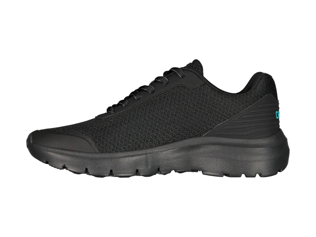 Tenis casuales Charly color negro con suela gruesa y logotipo azul claro.