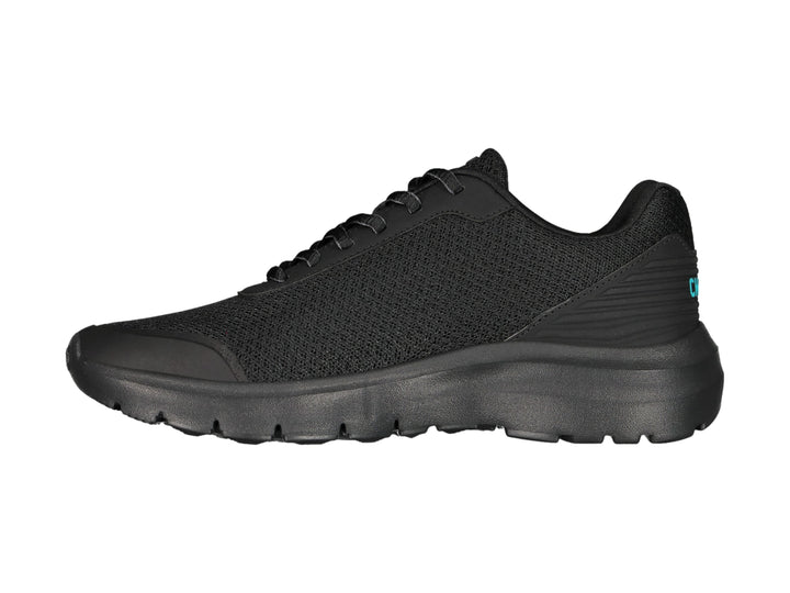 Tenis casuales Charly color negro con suela gruesa y logotipo azul claro.