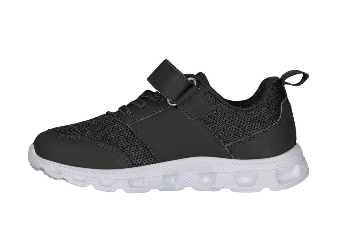 Tenis deportivos Charly color negro con detalles en lila y suela blanca para niños.