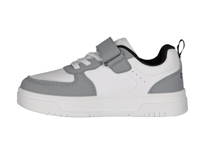 Tenis Charly color blanco y gris con correa de velcro y suela blanca.