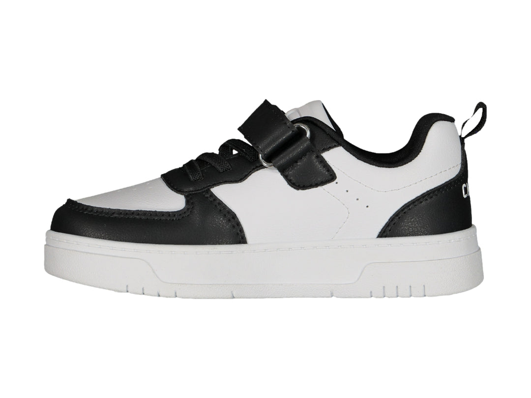 Tenis Charly para niño en colores blanco y negro con cierre de velcro y suela blanca.