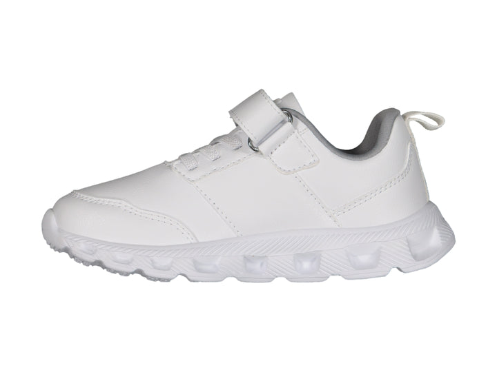 Tenis deportivos Charly para niño en color blanco con detalles en gris y cierre de velcro.