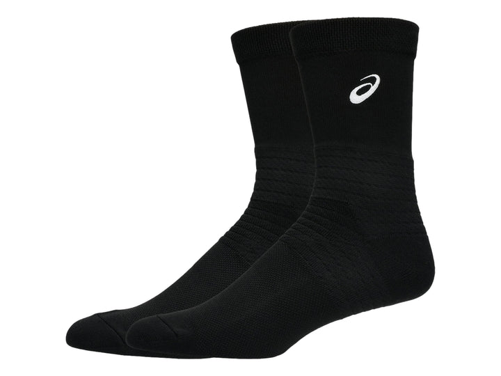 Par de calcetines deportivos ASICS de color negro con logotipo blanco.