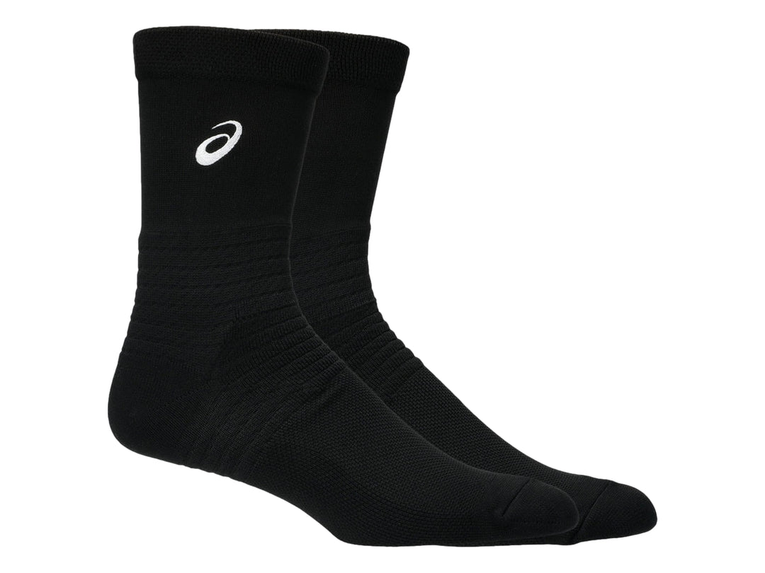 Par de calcetines deportivos ASICS de color negro con logotipo blanco.