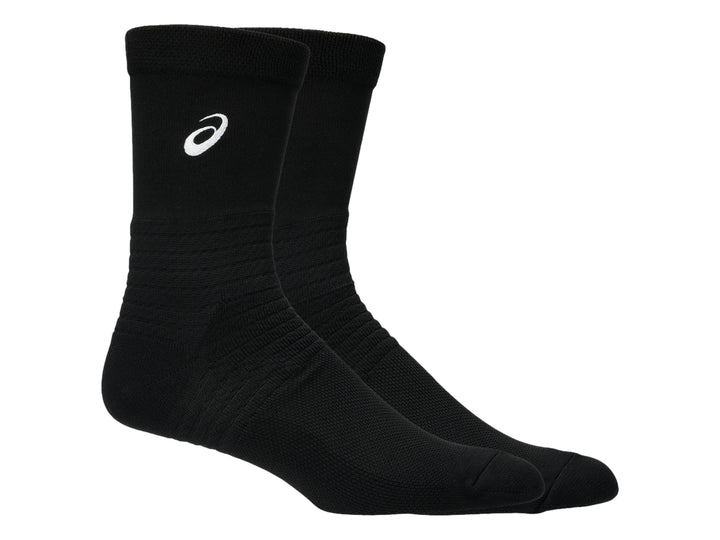 Par de calcetines deportivos ASICS de color negro con logotipo blanco.