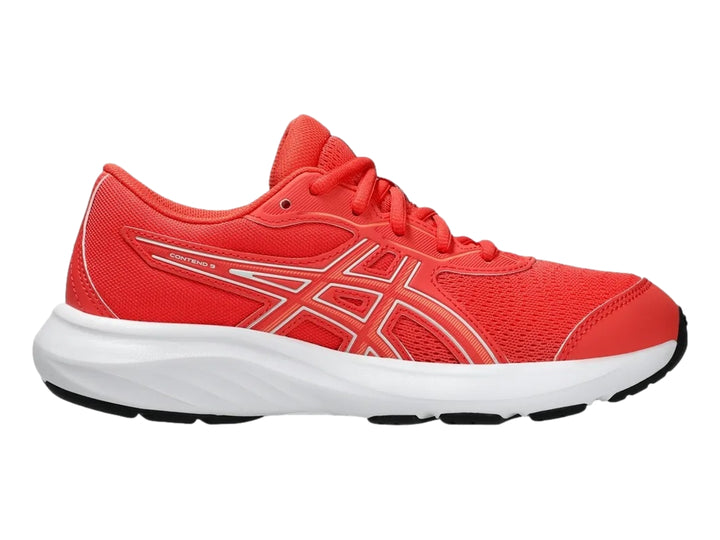 Tenis deportivos ASICS color coral con suela blanca y detalles en blanco para niños.