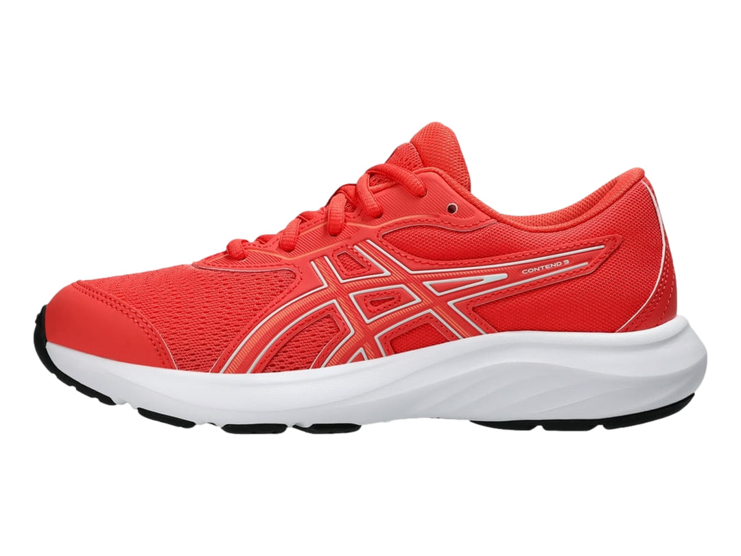 Tenis deportivos ASICS color coral con suela blanca y detalles en blanco para niños.