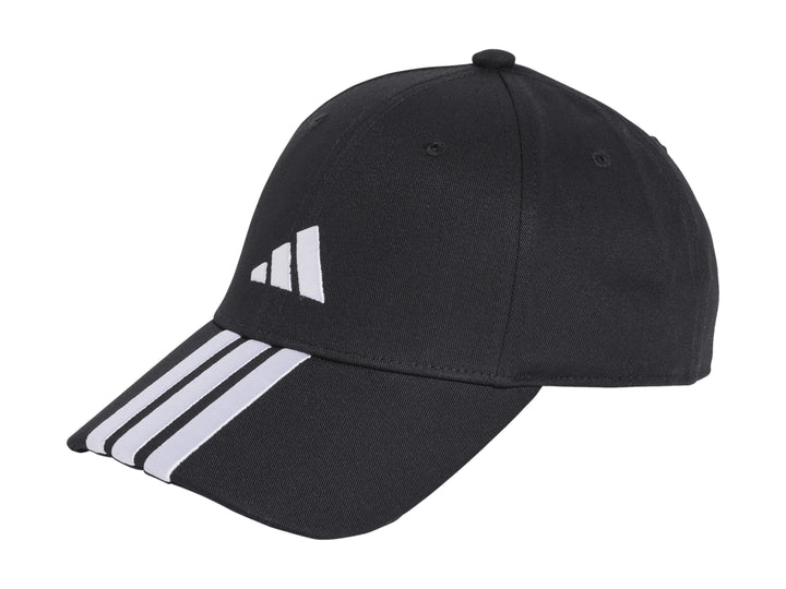 Gorra de béisbol Adidas color negro con logo blanco al frente y tres franjas blancas en la visera.