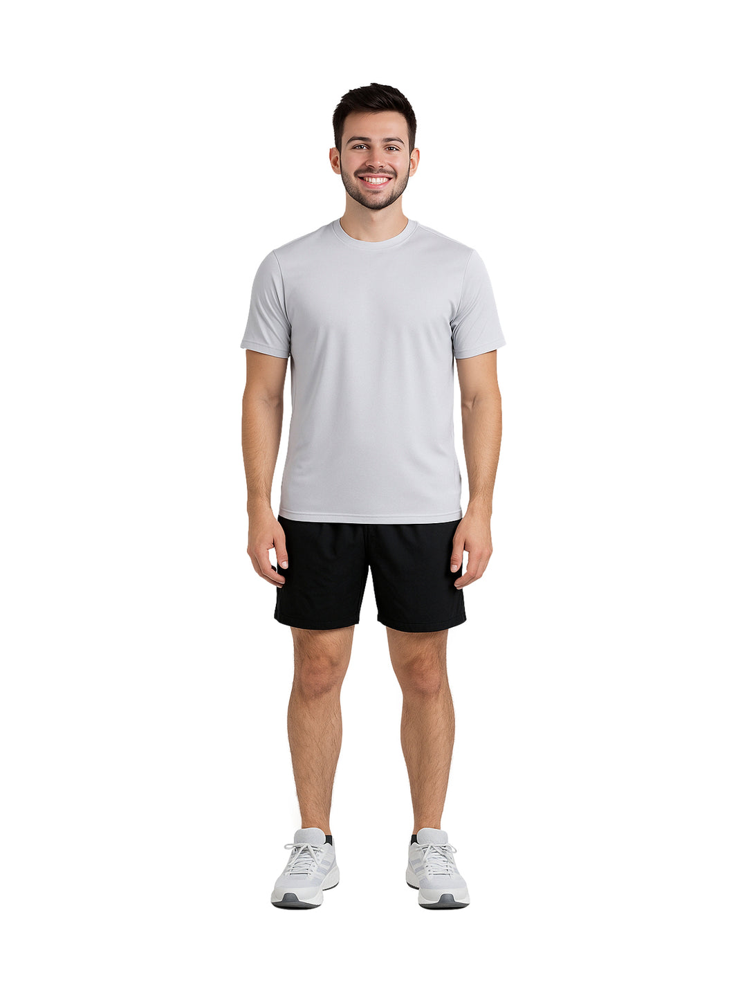 Hombre modelando una playera oversize de color gris claro con cuello redondo y manga corta.
