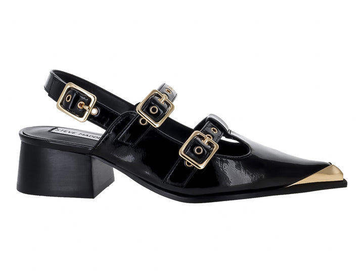 Zapato negro de charol con tacón cuadrado, punta dorada y tres hebillas doradas decorativas.