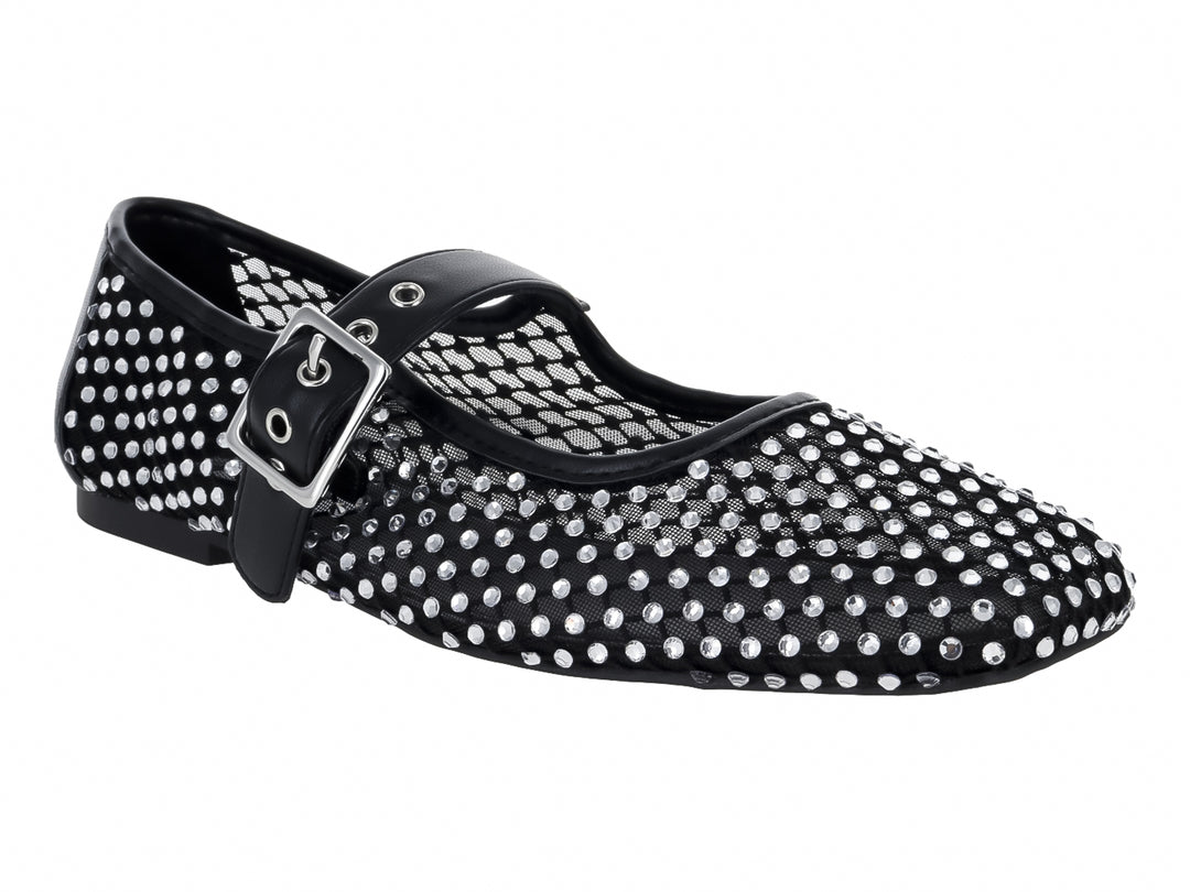 Zapato plano negro con diseño de malla, detalles brillantes y correa con hebilla plateada.