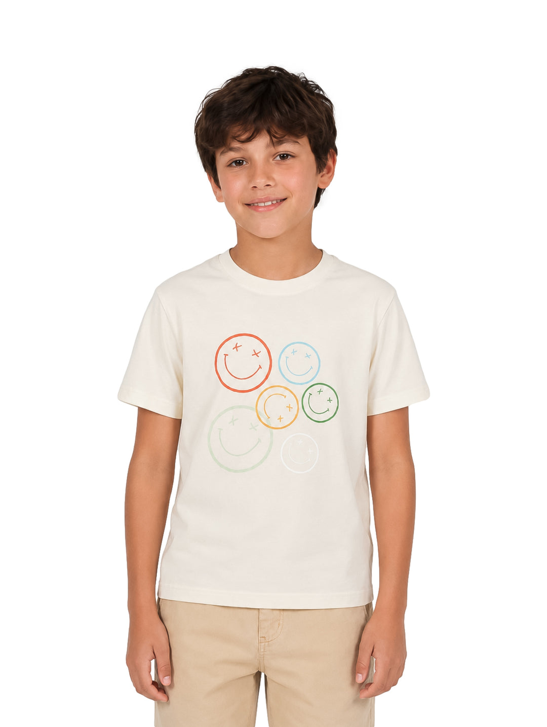 Camiseta beige de manga corta con estampado de cinco caritas felices en colores rojo, azul, amarillo y verde.