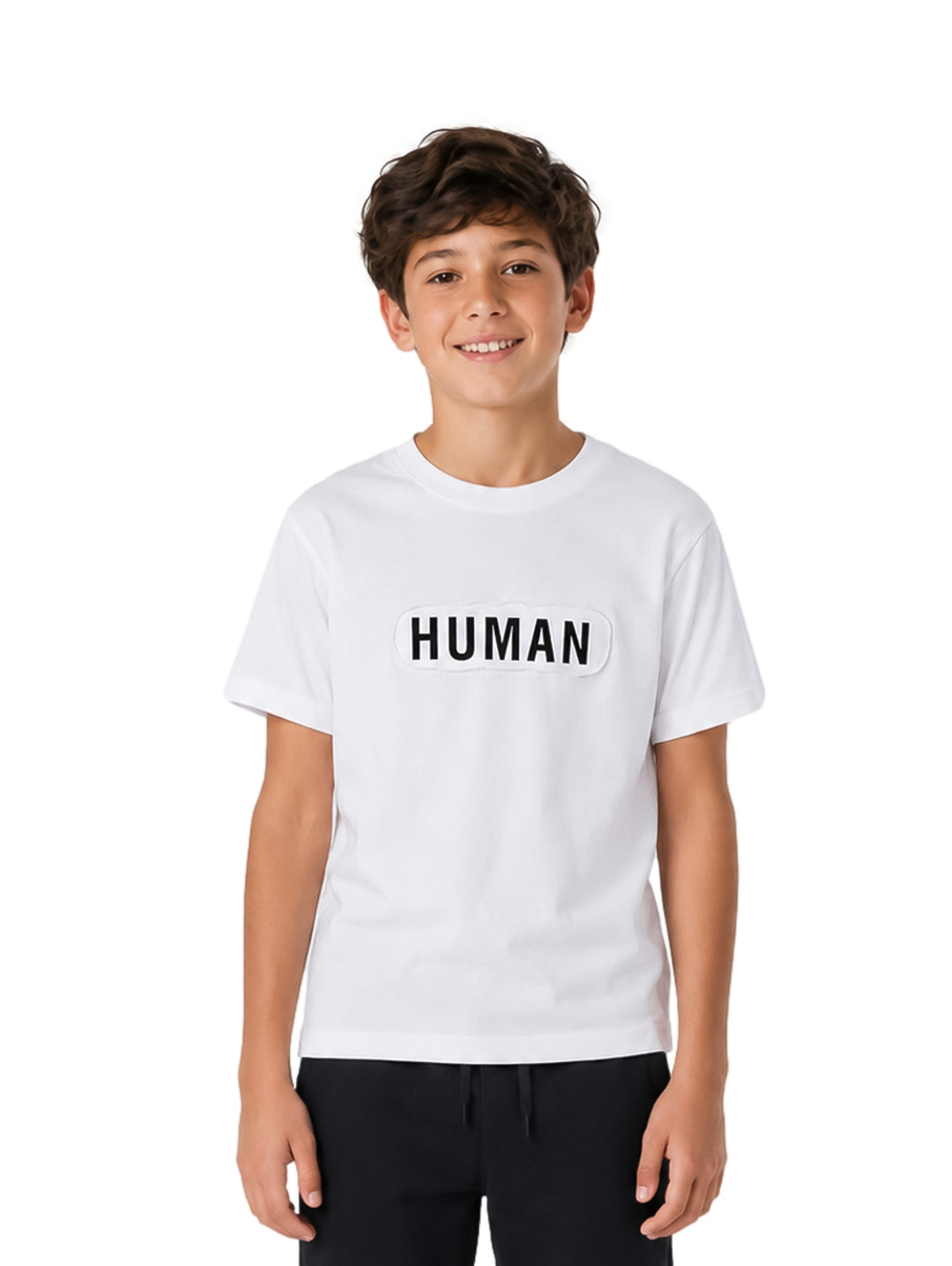 Camiseta blanca de manga corta con la palabra HUMAN impresa en el pecho en letras negras.