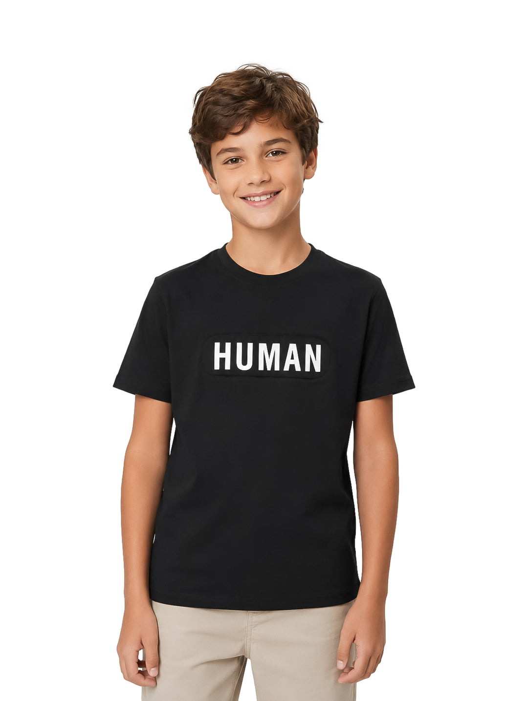 Camiseta negra de manga corta con la palabra HUMAN impresa en letras blancas en el pecho.