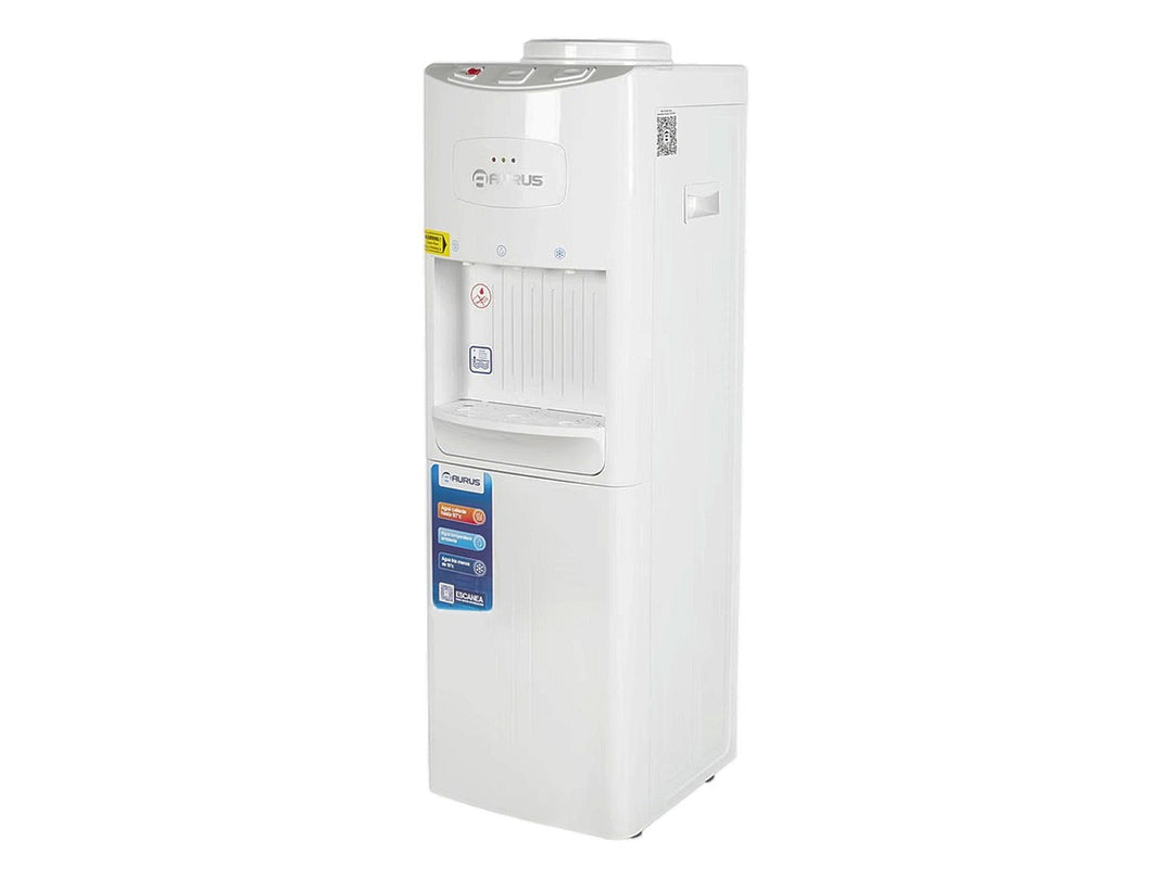 Enfriador de agua AURUS AWD21F de color blanco con diseño vertical y dispensador frontal.