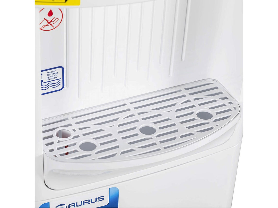 Enfriador de agua AURUS AWD21F de color blanco con diseño vertical y dispensador frontal.