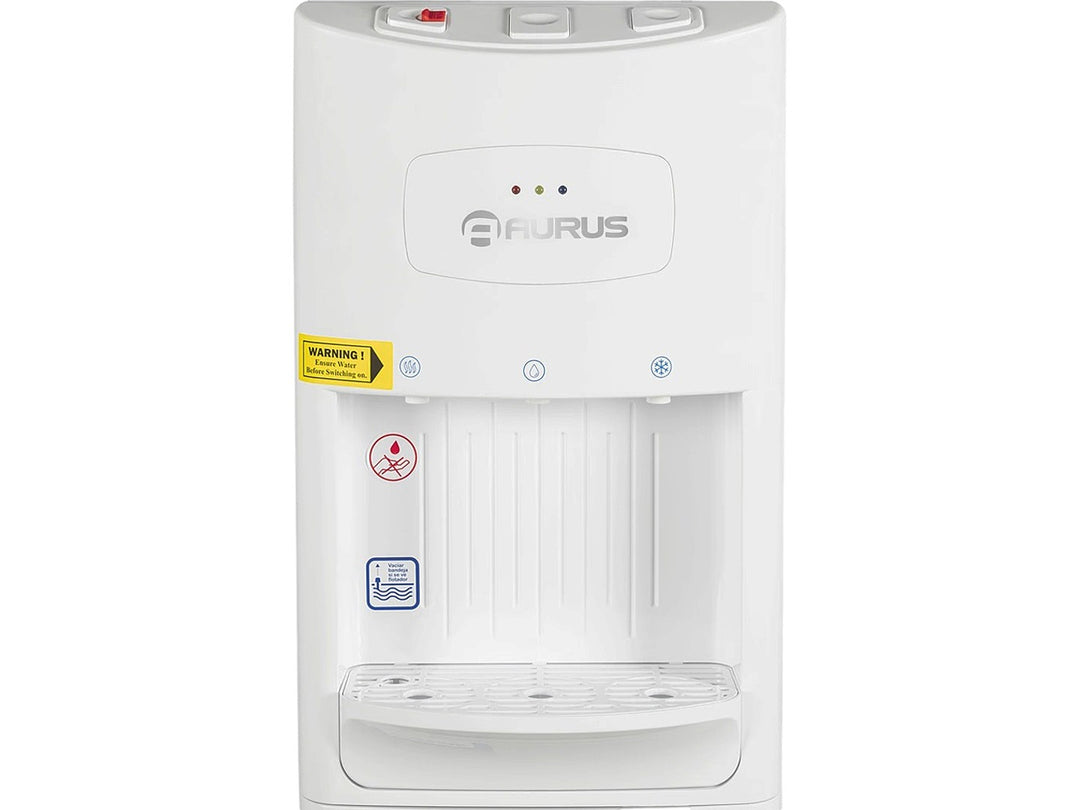 Enfriador de agua AURUS AWD21F de color blanco con diseño vertical y dispensador frontal.