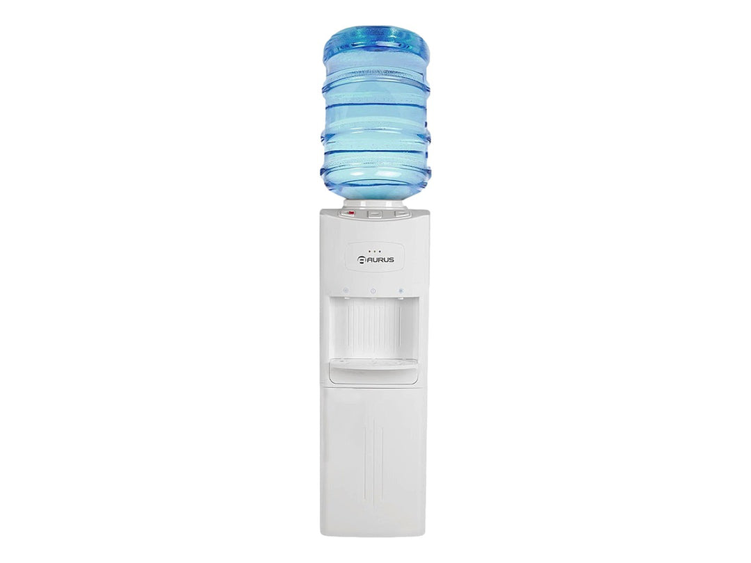 Enfriador de agua AURUS AWD21F de color blanco con diseño vertical y dispensador frontal.
