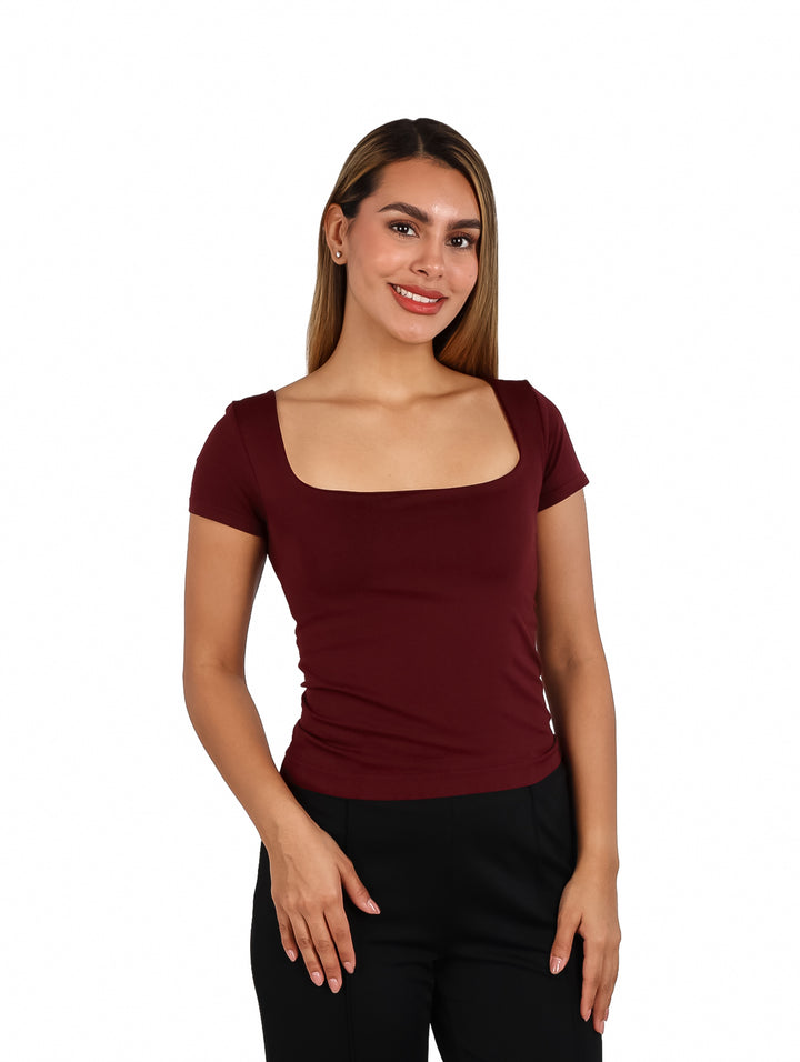 Blusa ATOK Escote Cuadrado Color Burgundy para Mujer