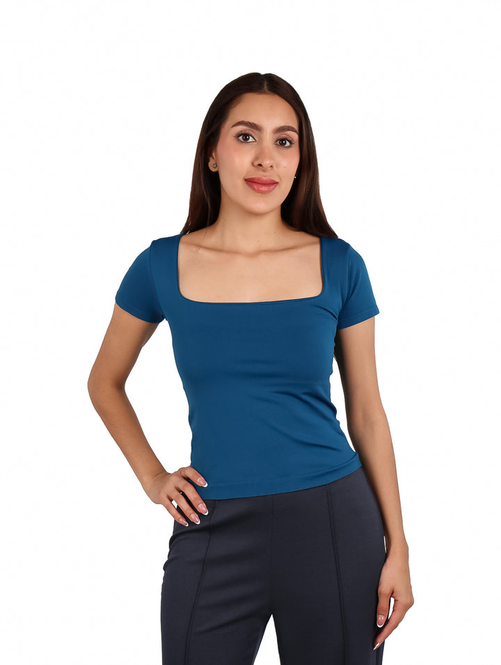Blusa ATOK Escote Cuadrado Color Steel Blue para Mujer