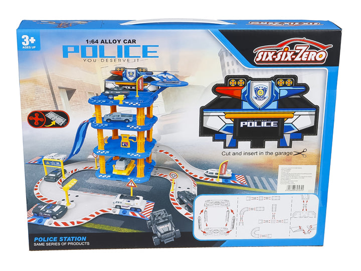 Set de juguete pista y estacionamiento de policía multicolor con autos incluidos en caja.