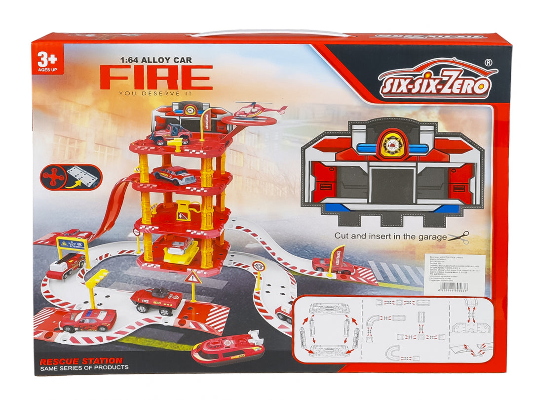 Set de pista de estacionamiento de bomberos en color rojo y amarillo con vehículos a escala y helicóptero.
