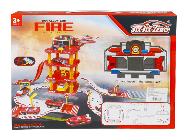 Set de pista de estacionamiento de bomberos en color rojo y amarillo con vehículos a escala y helicóptero.