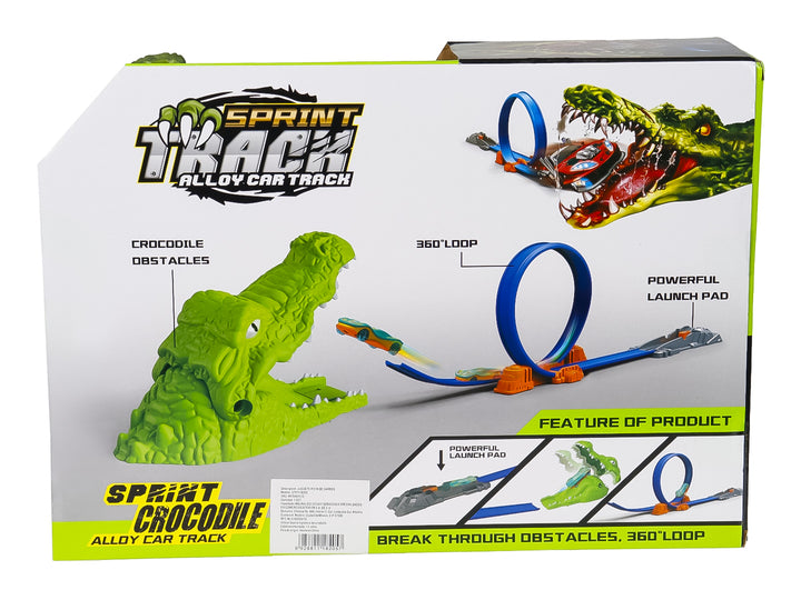 Empaque de pista de carreras Sprint Track con figura de cocodrilo verde y loop azul para autos de juguete.