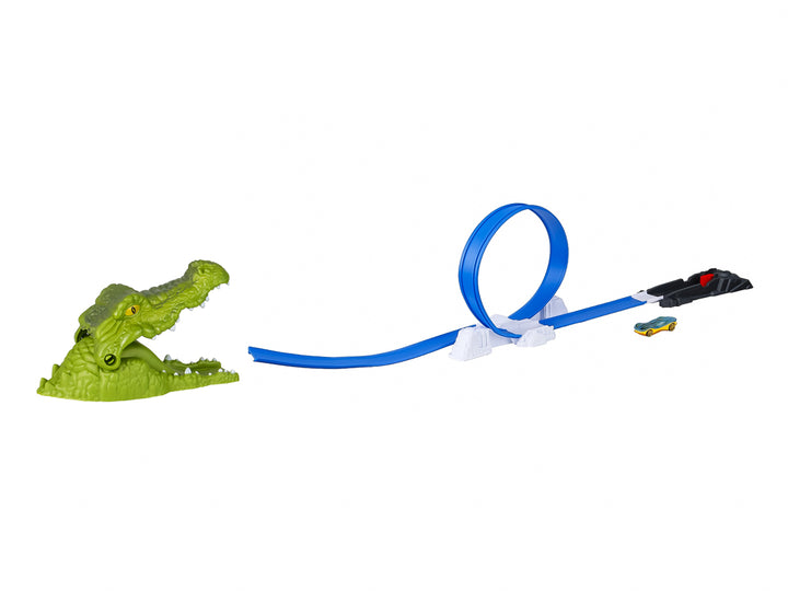 Empaque de pista de carreras Sprint Track con figura de cocodrilo verde y loop azul para autos de juguete.
