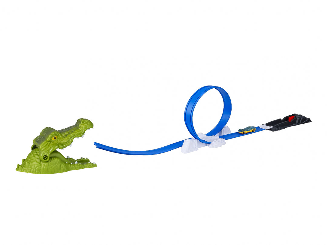 Empaque de pista de carreras Sprint Track con figura de cocodrilo verde y loop azul para autos de juguete.