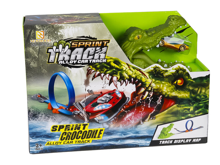 Empaque de pista de carreras Sprint Track con figura de cocodrilo verde y loop azul para autos de juguete.
