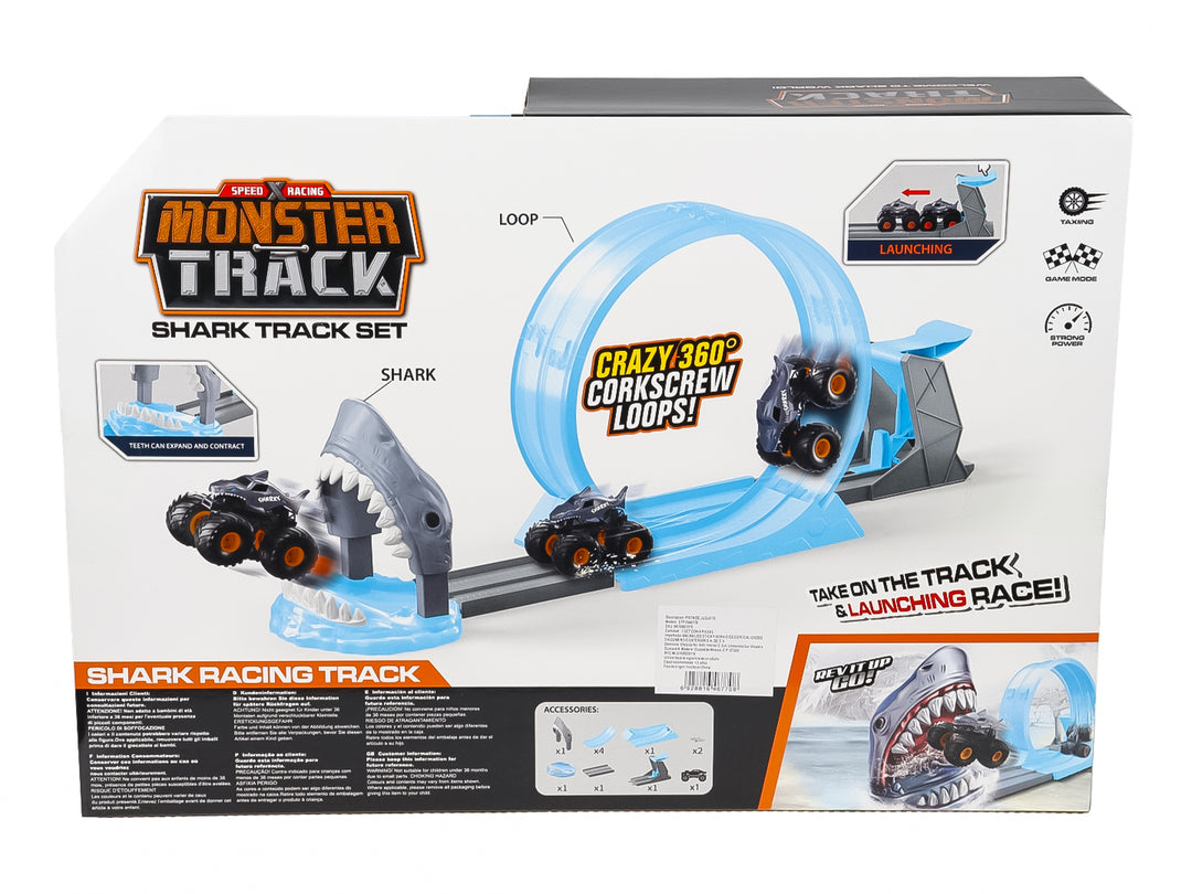 Set de pista de carreras Monster Track con loop azul, figura de tiburón gris y vehículos monster truck.