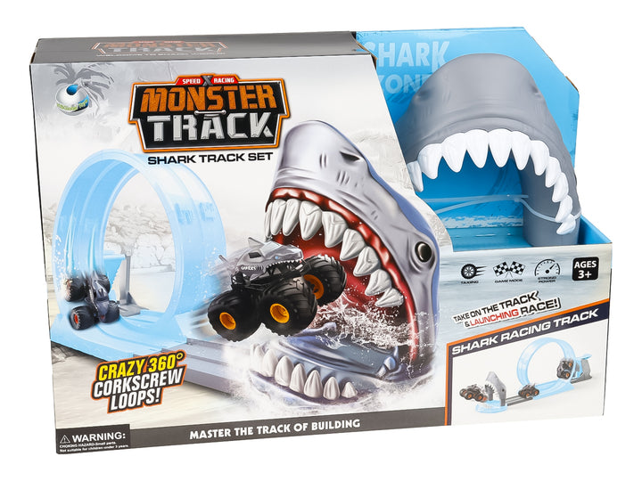 Set de pista de carreras Monster Track con loop azul, figura de tiburón gris y vehículos monster truck.
