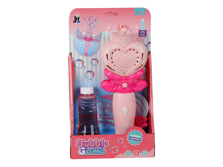 Juego de varita mágica para burbujas en color rosa con forma de corazón y botella de solución incluida.