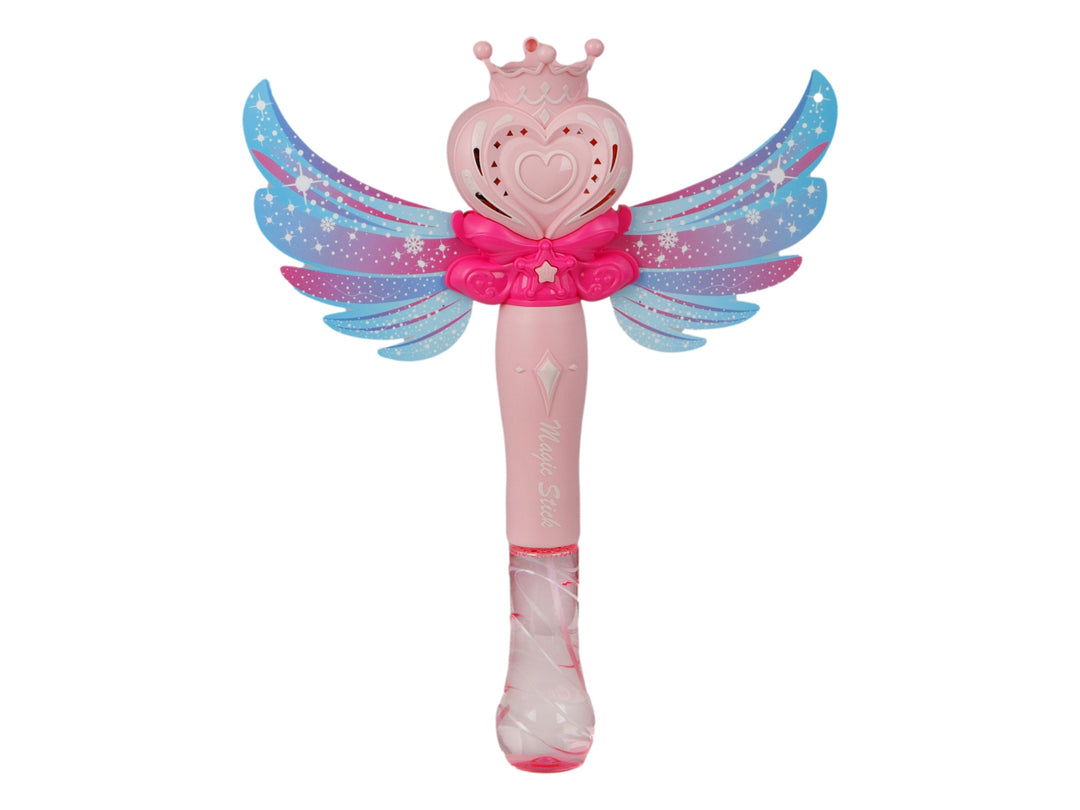 Juego de varita mágica para burbujas en color rosa con forma de corazón y botella de solución incluida.