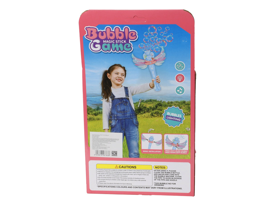 Juego de varita mágica para burbujas en color rosa con forma de corazón y botella de solución incluida.